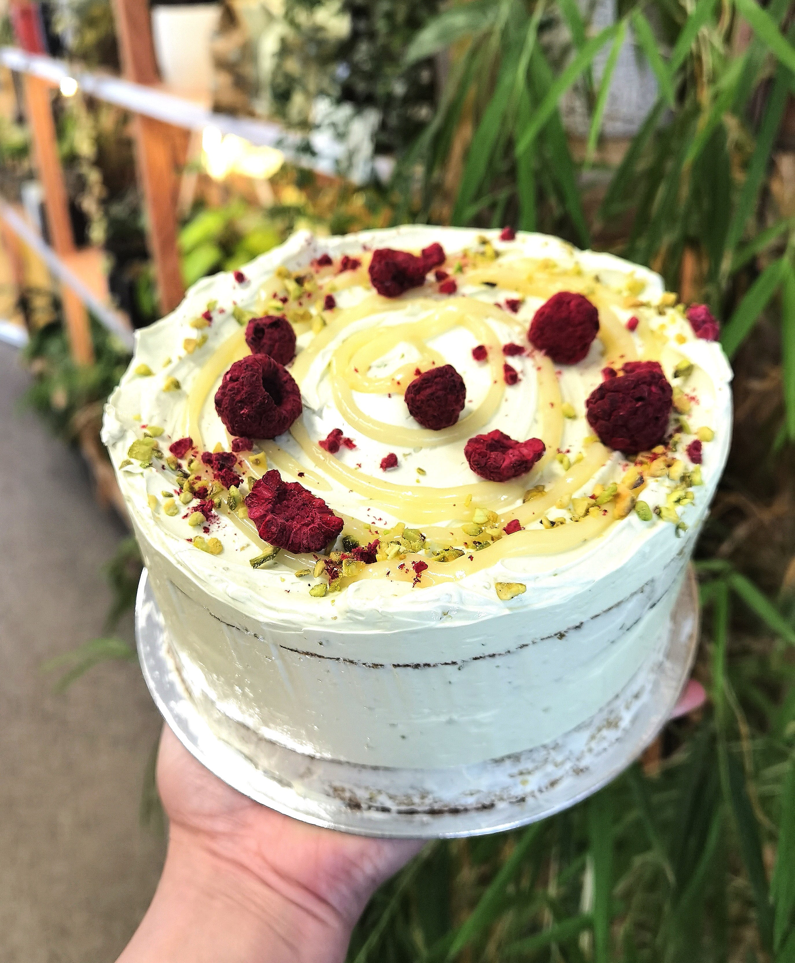 Vegan Pistachio Lemon & Chambord Cake